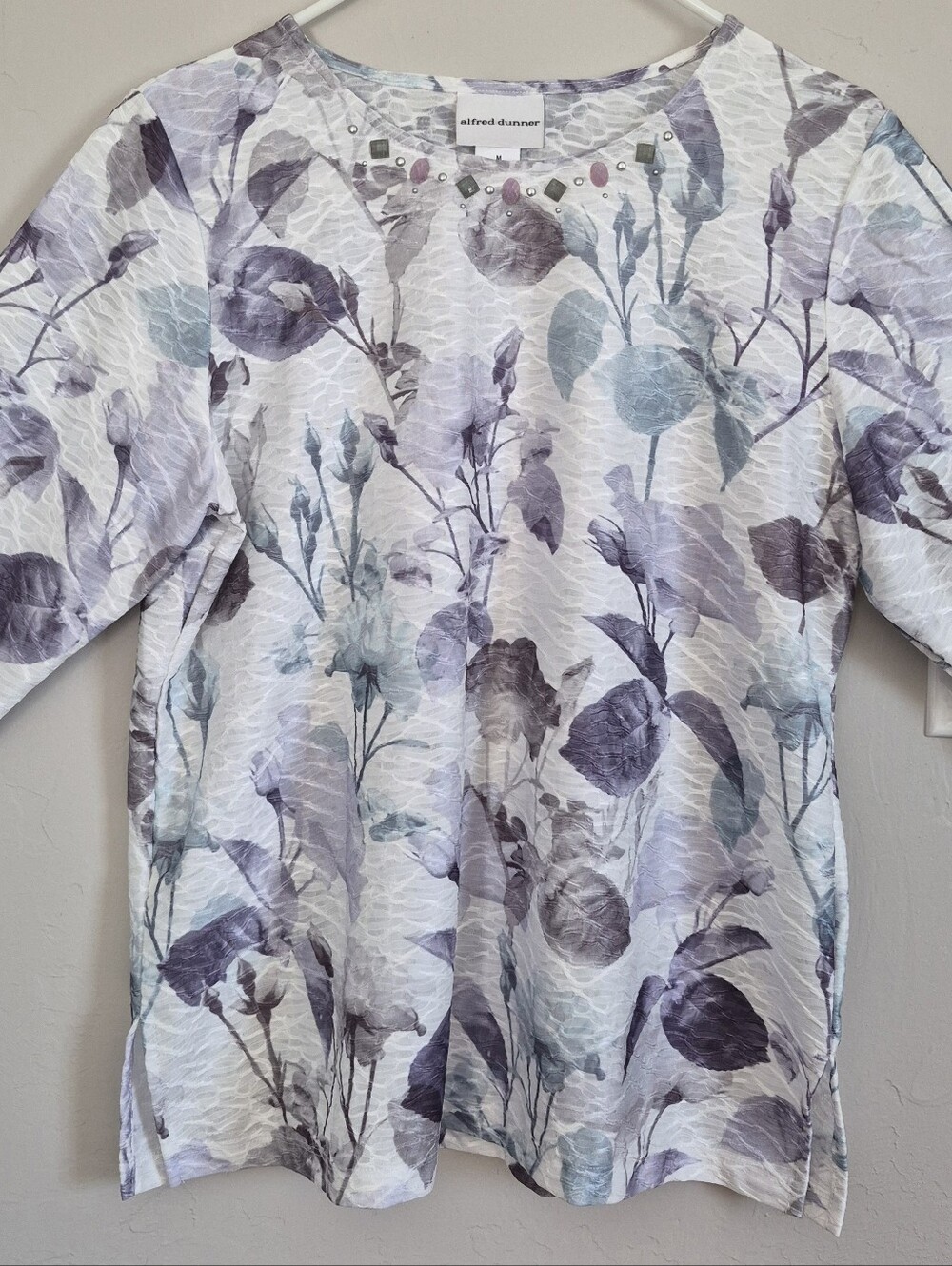 Alfred Dunner Floral 3/4 Sleeve Tunic in Lavender and Pale Blue